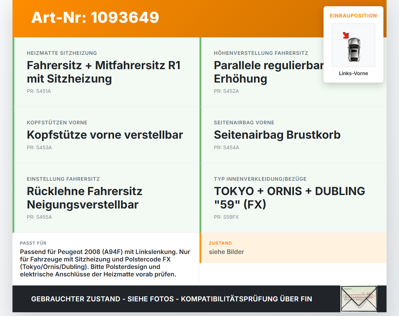 Peugeot 2008 CU 16-19 Sitzbezug Sitzpolster für Fahrersitz Sitz Links Vorne beheizt Peugeot 2008 CU 16-19... Vorschau 3