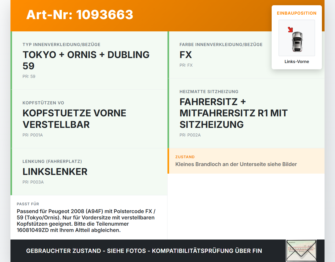 Peugeot 2008 CU 16-19 Kopfstütze Nackenstütze Stoff Schwarz Links Vorne Peugeot 2008 CU 16-19 22.02.2019 16081049ZD... Vorschau 3