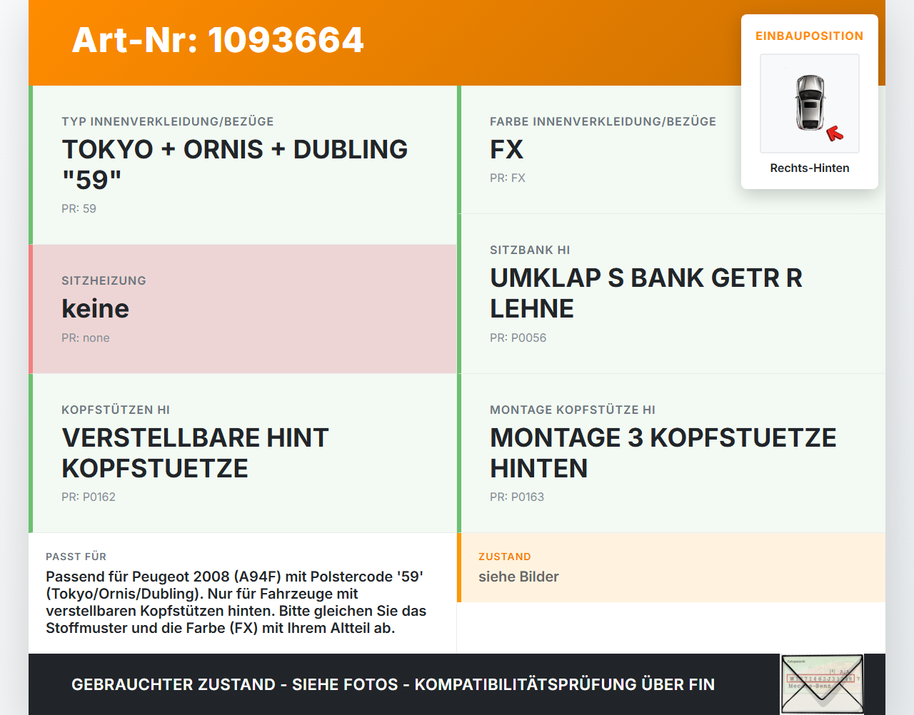 Peugeot 2008 CU 16-19 Kopfstütze Nackenstütze Stoff Rechts Hinten Peugeot 2008 CU 16-19 22.02.2019 16100944ZD gebraucht Vorschau 3