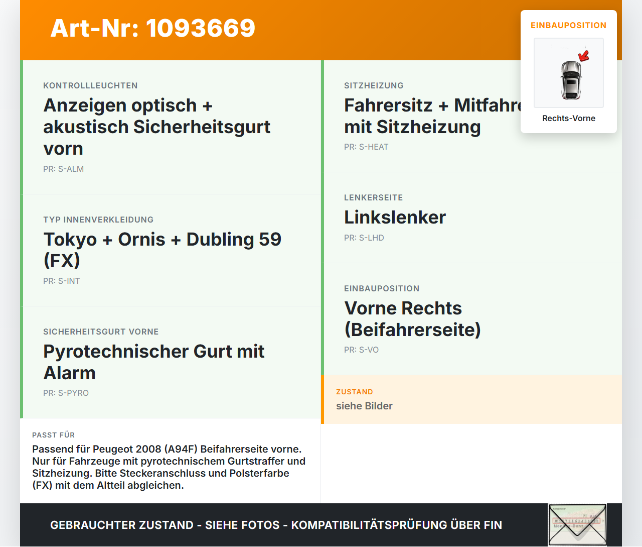 Peugeot 2008 CU 16-19 Gurtschloss Sicherheitsgurt Gurtpeitsche Vorne Rechts Peugeot 2008 CU 16-19 22.02.2019... Vorschau 3
