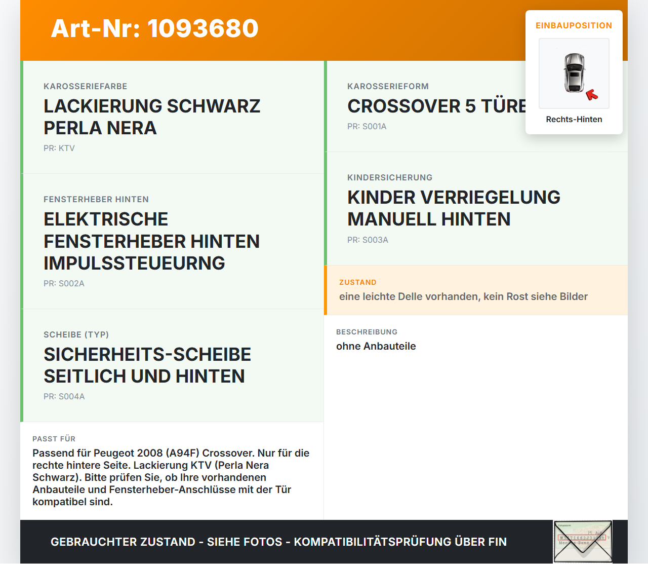 Peugeot 2008 CU 16-19 Tür Rechts Hinten KTV Peugeot 2008 CU 16-19 22.02.2019 9802969680 gebraucht Vorschau 3