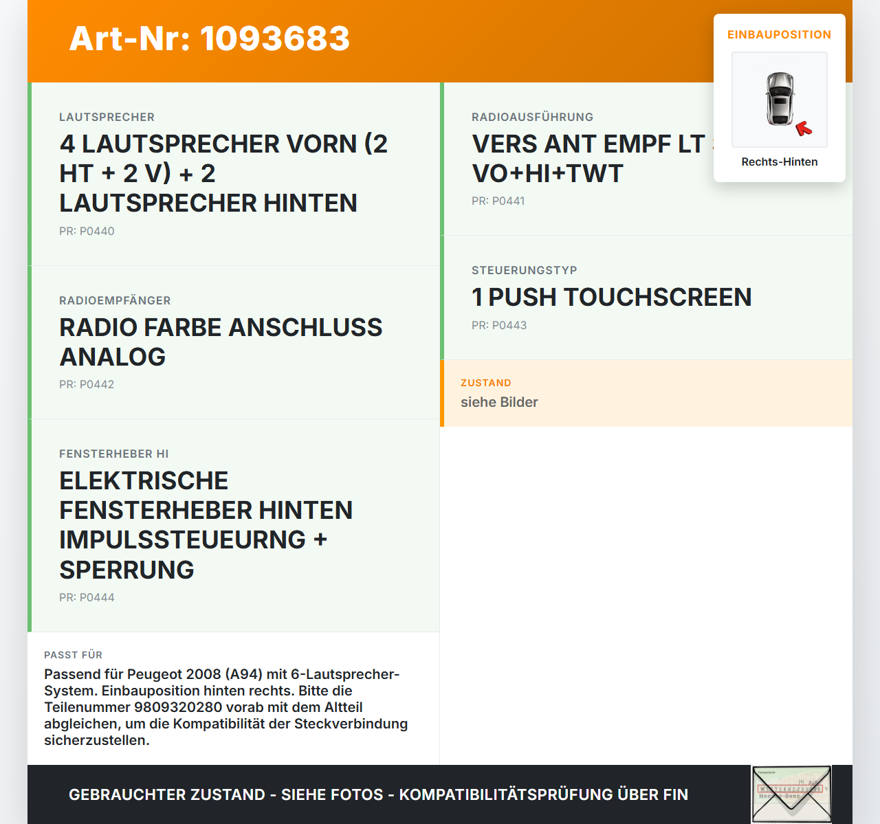 Peugeot 2008 CU 16-19 Lautsprecher Rechts Hinten Peugeot 2008 CU 16-19 22.02.2019 9809320280 980932028000... Vorschau 3