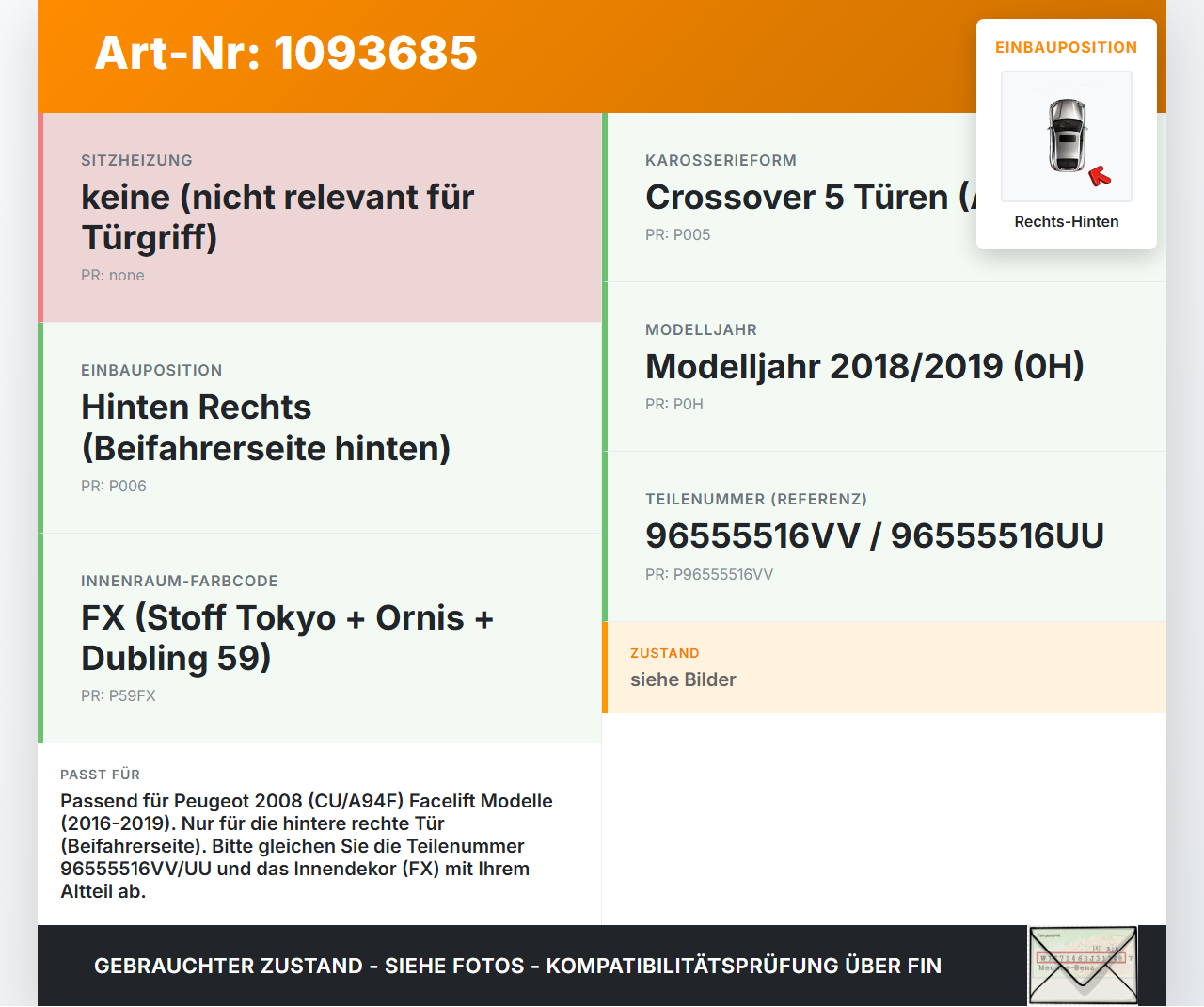 Peugeot 2008 CU 16-19 Türgriff Griff Innen Rechts Hinten KTV Peugeot 2008 CU 16-19 22.02.2019 96555516VV 96555516UU... Vorschau 3