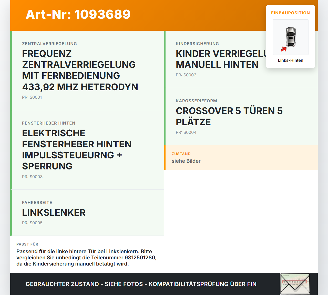 Peugeot 2008 CU 16-19 Türschloss m. ZV Stellmotor Links Hinten Peugeot 2008 CU 16-19 22.02.2019 9812501280 gebraucht Vorschau 3