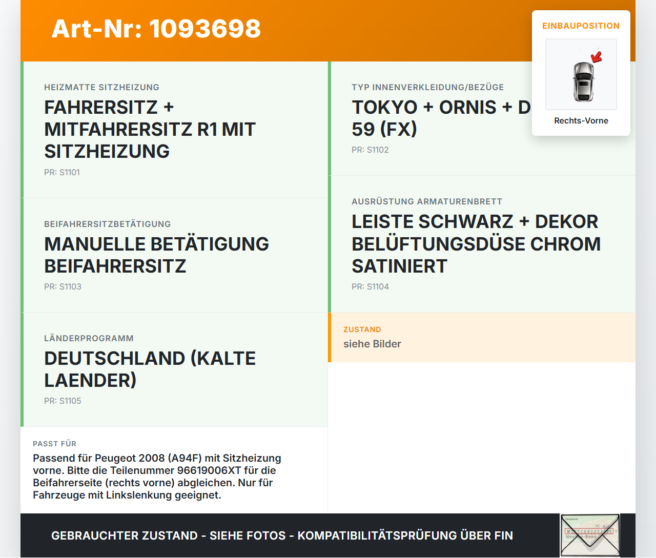 Peugeot 2008 CU 16-19 Sitzheizung Schalter Regler Rechts Vorne Peugeot 2008 CU 16-19 22.02.2019 8906XK 96619006XT... Vorschau 3