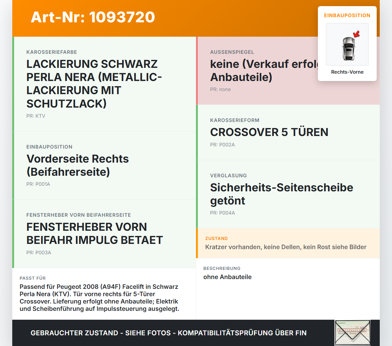 Peugeot 2008 CU 16-19 Tür Vorne Rechts KTV Peugeot 2008 CU 16-19 22.02.2019 9807820380 gebraucht Vorschau 3