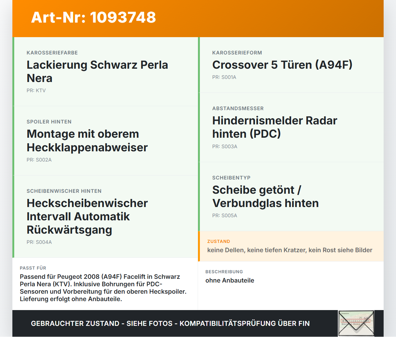 Peugeot 2008 CU 16-19 Heckklappe Kofferraumdeckel KTV Peugeot 2008 CU 16-19 22.02.2019 9802961780 gebraucht Vorschau 3