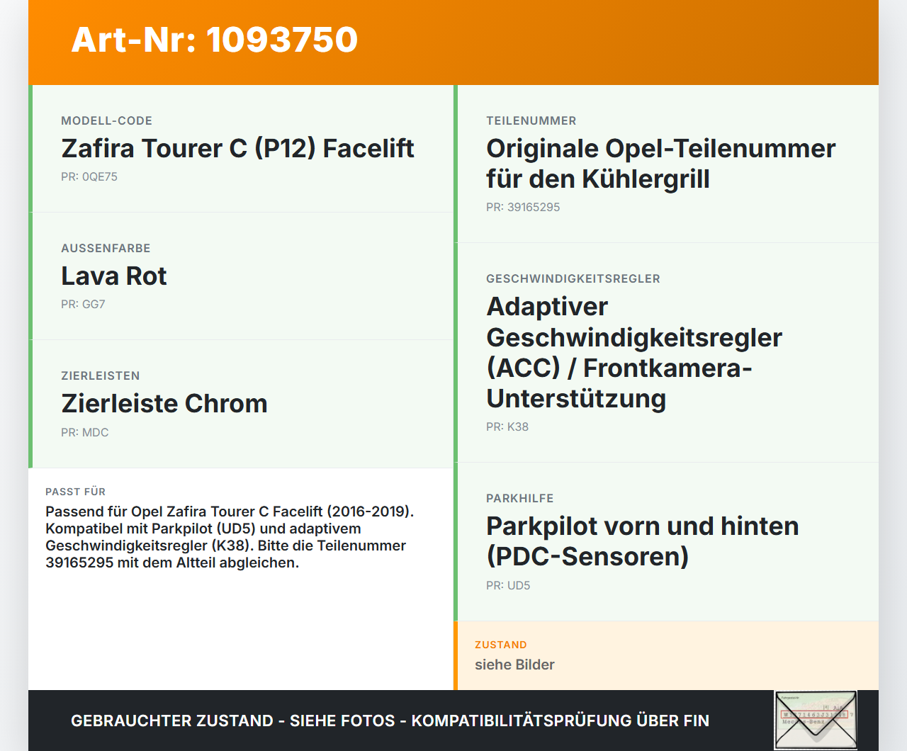 Opel Zafira Tourer C P12 16-19 Kühlergrill Frontgrill Grill Waben Kühlergitter Opel Zafira Tourer C P12 16-19... Vorschau 3