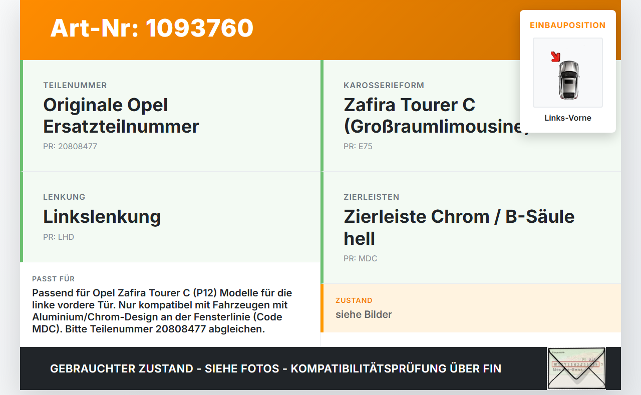 Opel Zafira Tourer C P12 16-19 Leiste Scheibendichtung für Tür Links Vorne Opel Zafira Tourer C P12 16-19... Vorschau 3