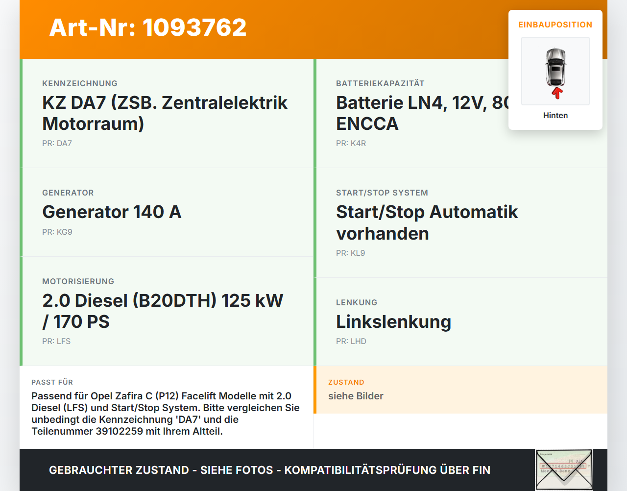 Opel Zafira Tourer C P12 16-19 CDTi 2,0 125KW Sicherungskasten Zentralelektrik Relais Hinten Opel Zafira Tourer C... Vorschau 3