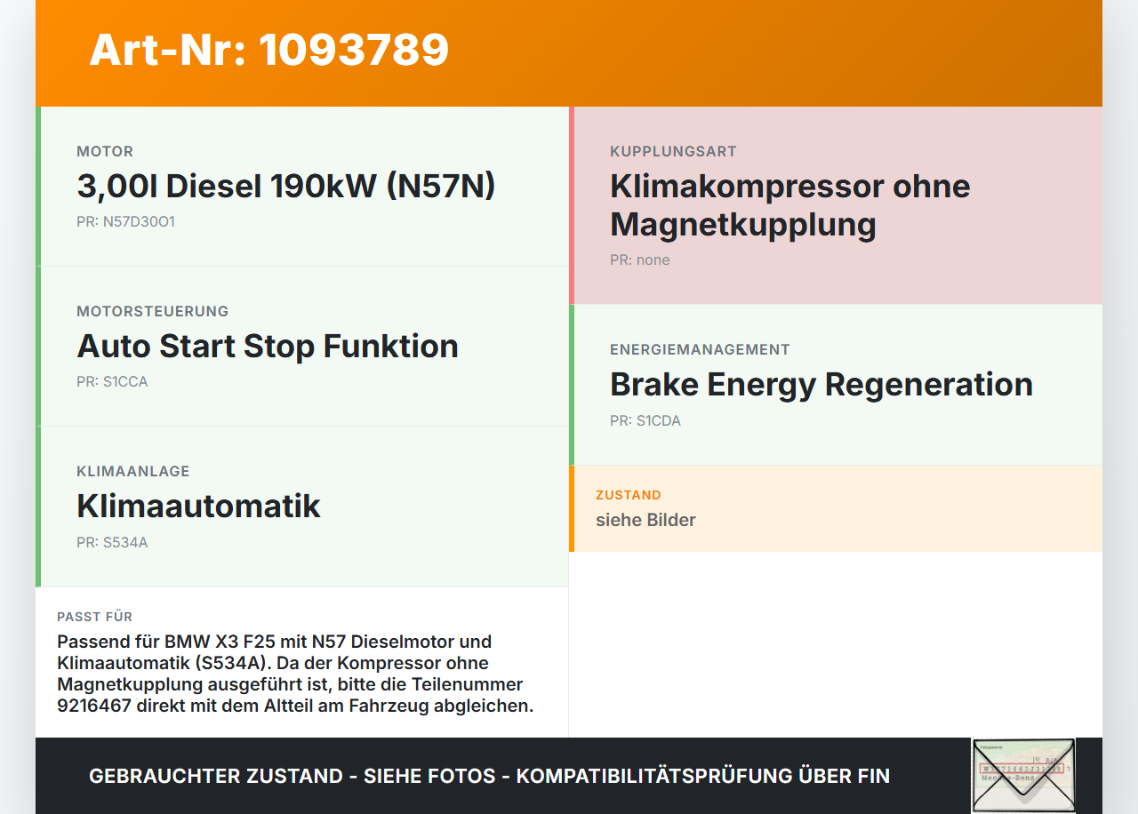 BMW X3 F25 10-14 3,0d 190KW Klimakompressor Klima-Kompressor Klima Kompressor BMW X3 F25 10-14 22.06.2011 6805025... Vorschau 3