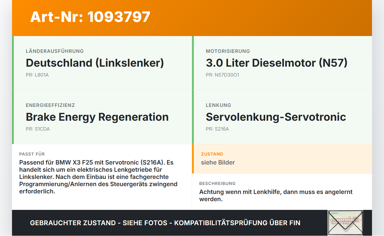 BMW X3 F25 10-14 Lenkgetriebe Servolenkung BMW X3 F25 10-14 22.06.2011 6864490 32106864490 6854535 32.10-6854535-01... Vorschau 3