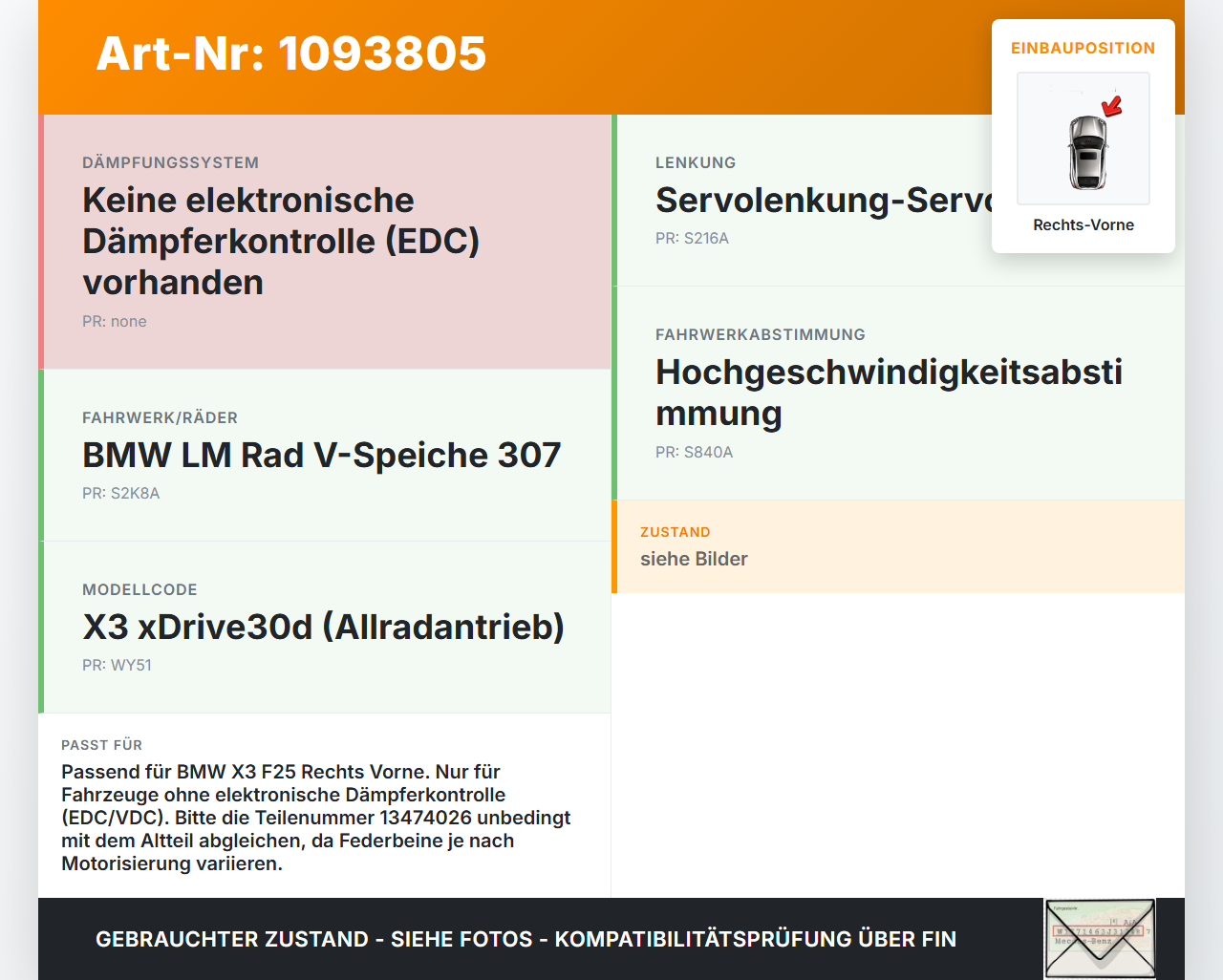 BMW X3 F25 10-14 Federbein Stossdämpfer Stoßdämpfer Rechts Vorne BMW X3 F25 10-14 22.06.2011 6796410 31316796410... Vorschau 3