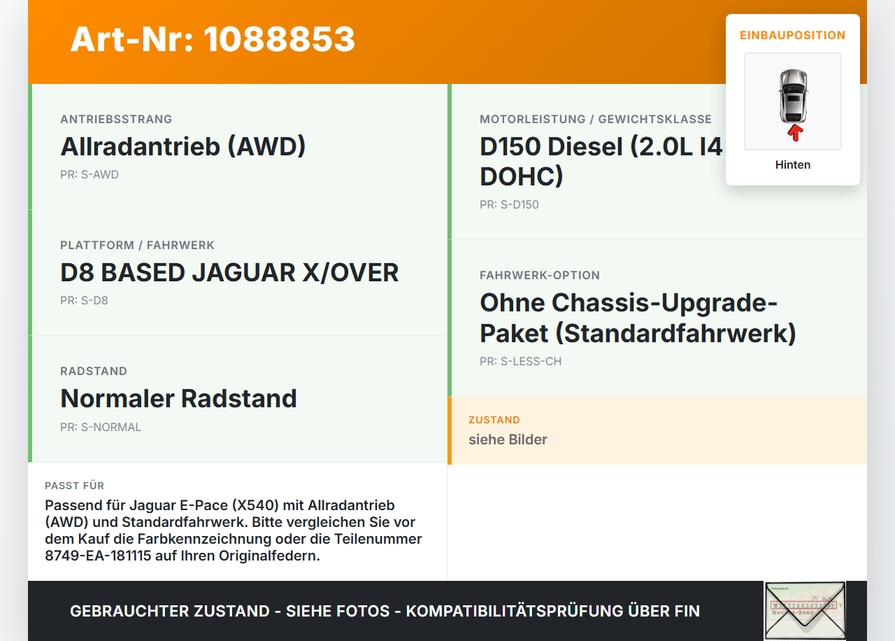 Jaguar E-Pace X540 Beide Feder Federn Hinten Jaguar E-Pace X540 19.08.2019 8749-EA-181115 gebraucht Vorschau 3