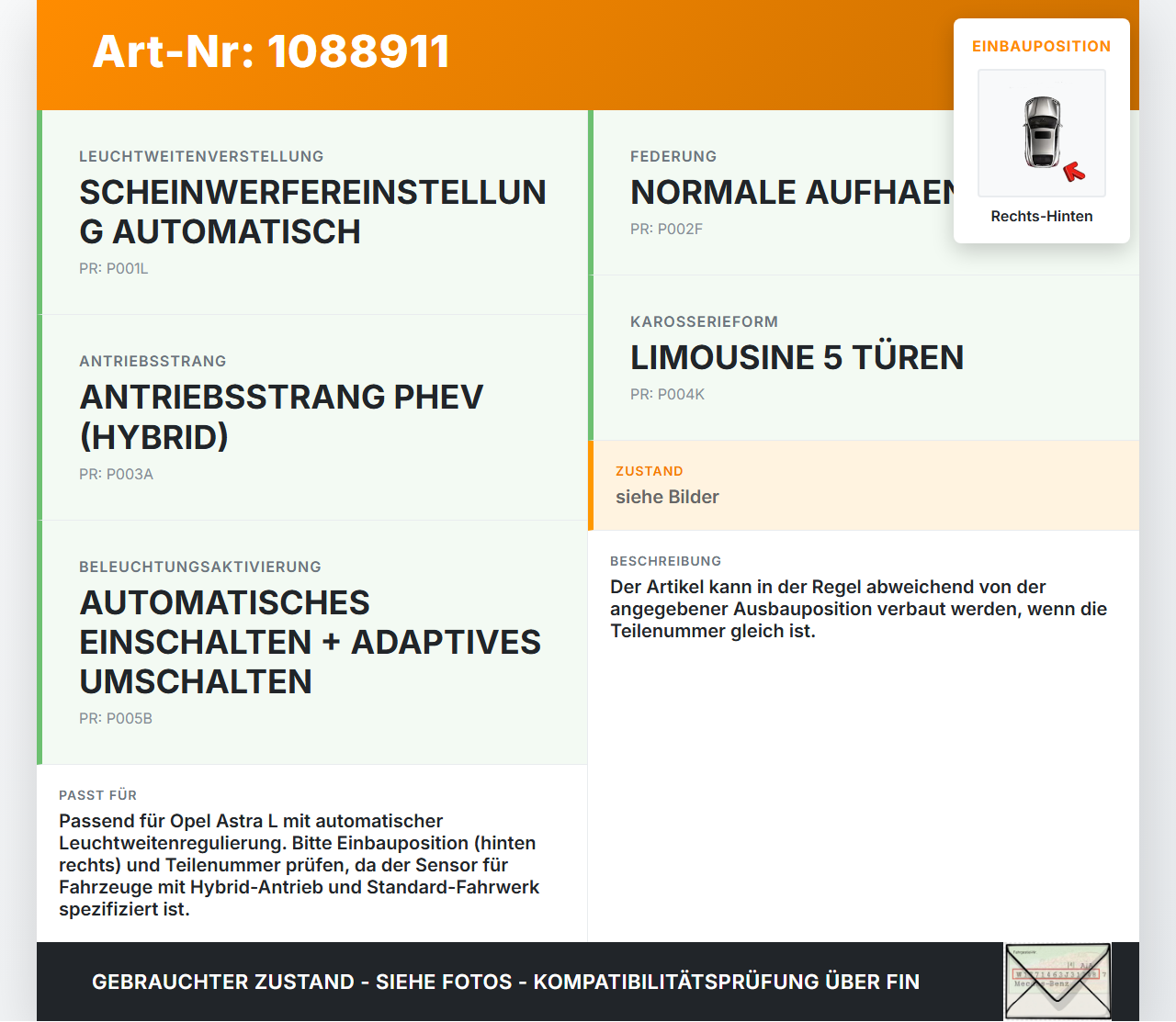 Opel Astra L 21-26 Niveausensor Xenon LWR Sensor Neigung Rechts Hinten Opel Astra L 21-26 27.04.2023 gebraucht Vorschau 3