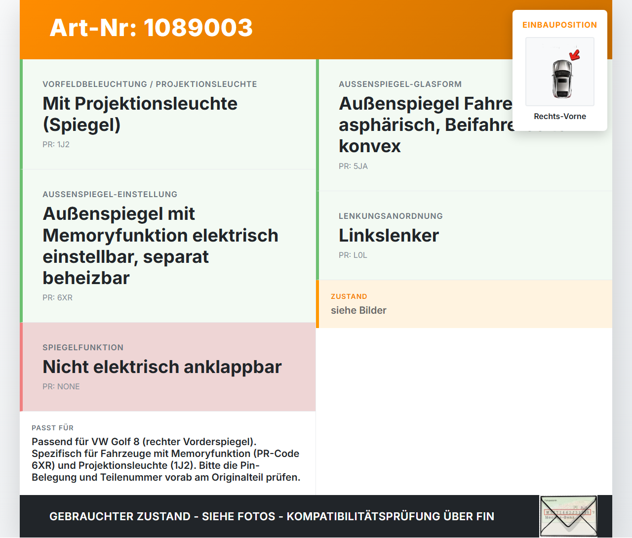 VW Golf 8 VIII 19-24 Stellmotor für Elektr. Spiegelverstellung Rechts Vorne VW Golf 8 VIII 19-24 14.08.2023 311034... Vorschau 3