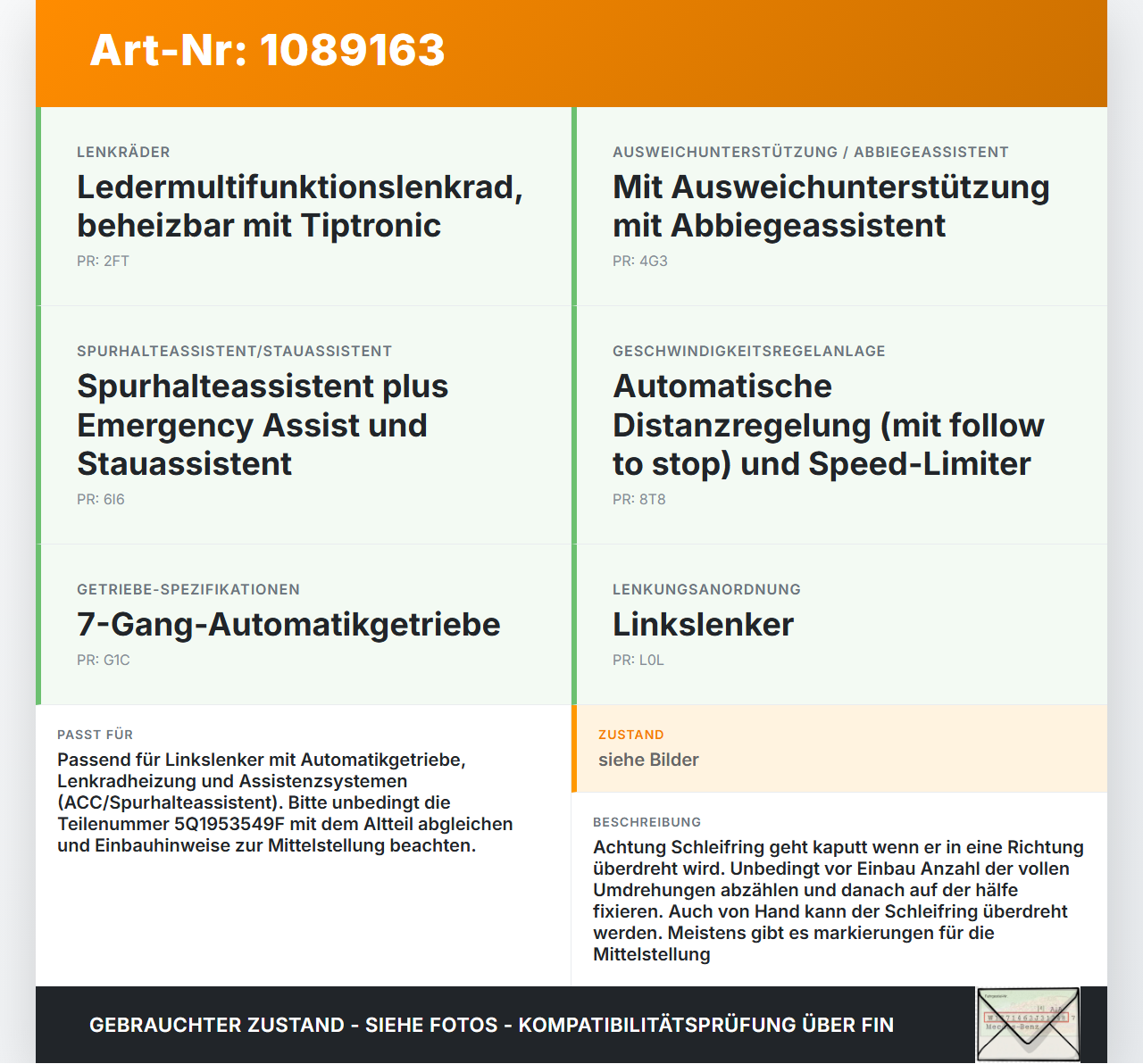 VW Golf 8 VIII 19-24 Airbag Schleifring Wickelfeder VW Golf 8 VIII 19-24 14.08.2023 5Q1953549F 10518310-01 gebraucht Vorschau 3