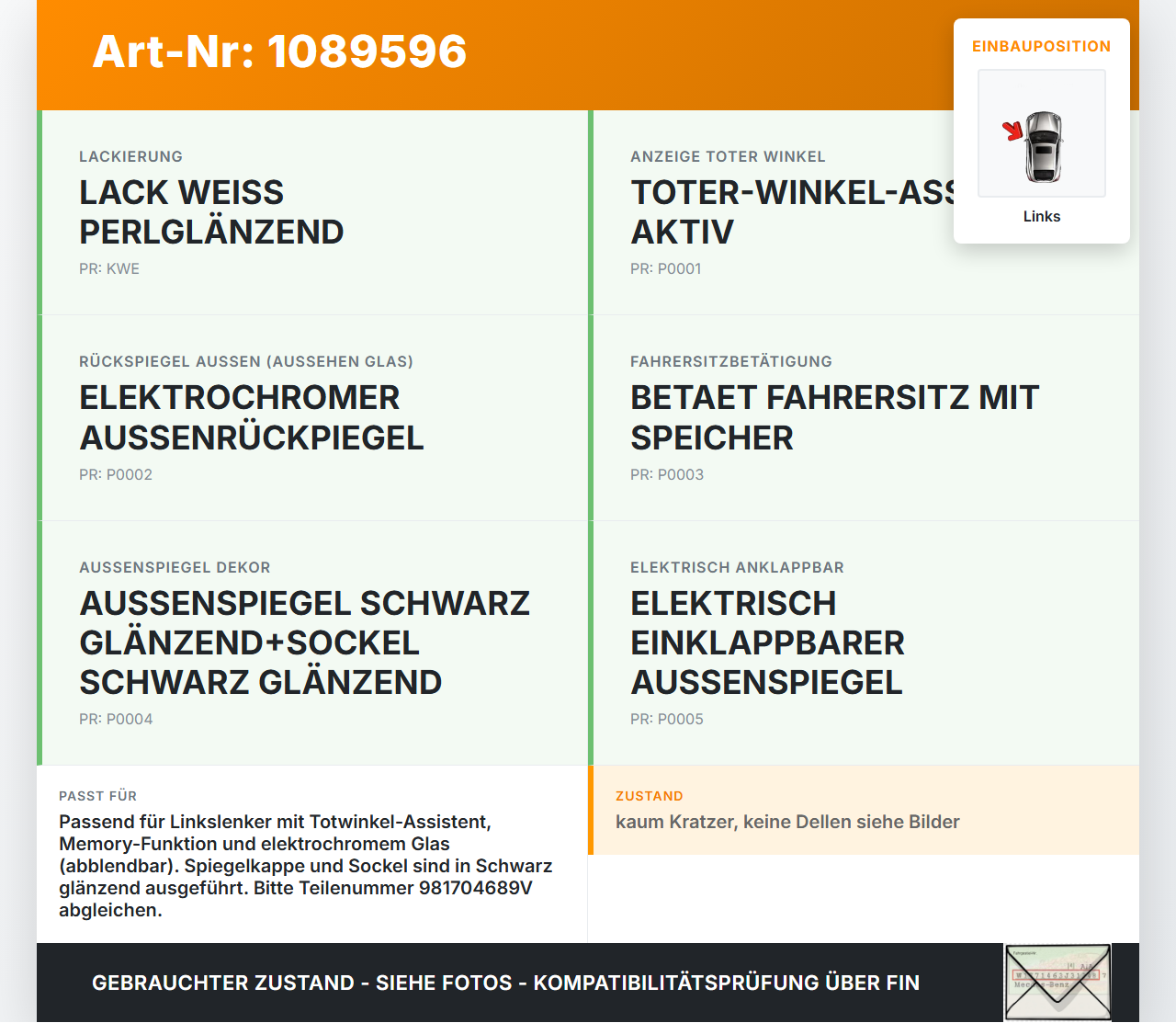 Peugeot 508 II 18-23 Spiegel Aussenspiegel Links Totwinkelassistent Elektrochrom KWE Peugeot 508 II 18-23... Vorschau 3