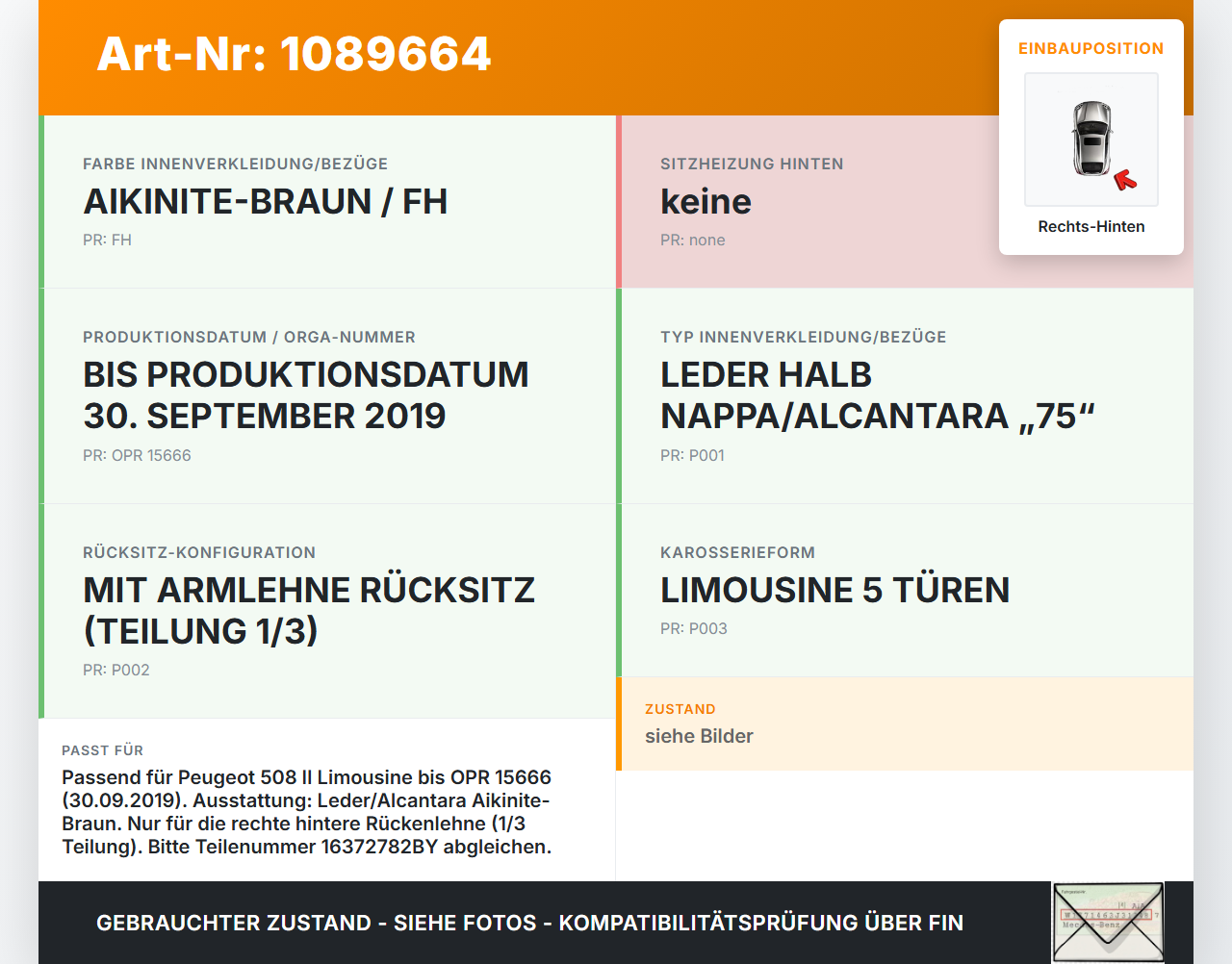 Peugeot 508 II 18-23 Lim Sitzbezug Rückenpolster Rechts für Rücksitzbank Hinten Peugeot 508 II 18-23 16.07.2019... Vorschau 3