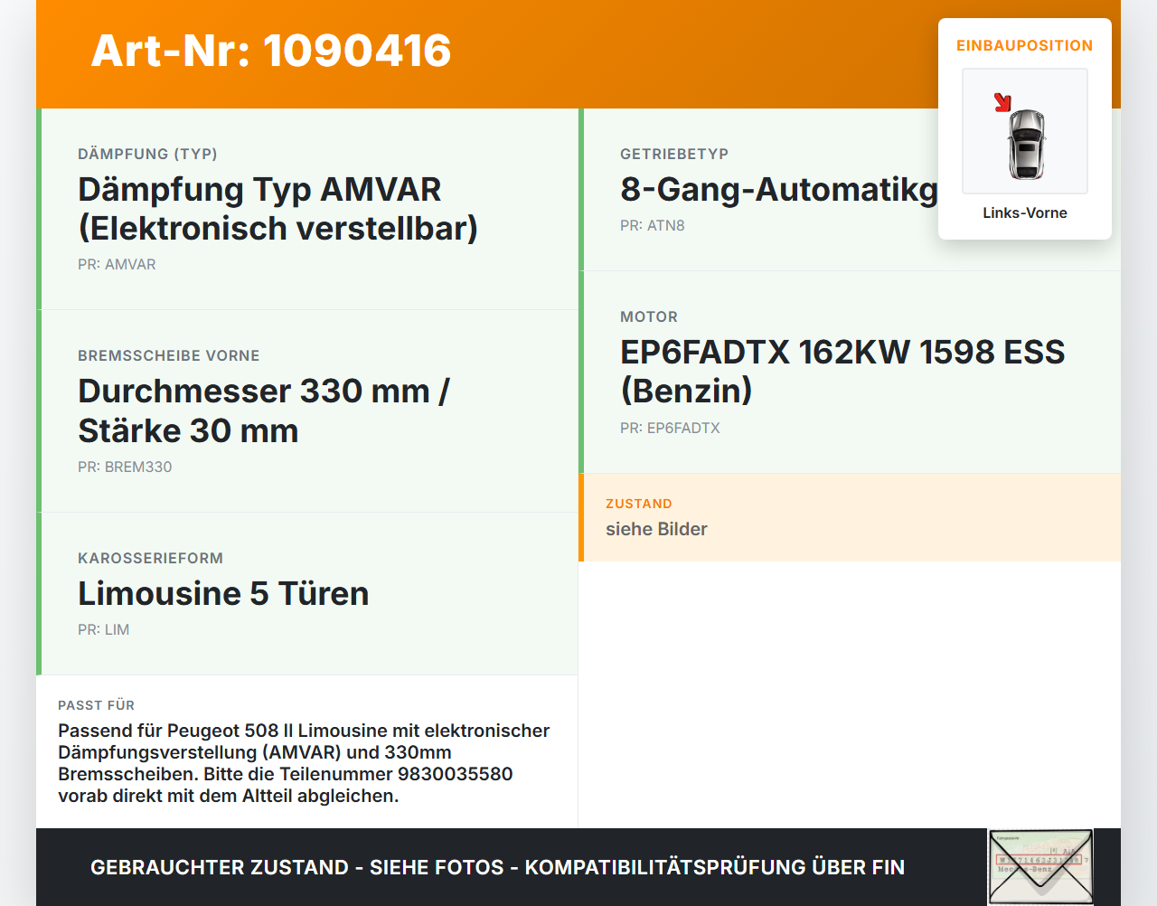 Peugeot 508 II 18-23 Lim Federbein Stossdämpfer Vorne Links Elektr. Verstellung Variable Peugeot 508 II 18-23... Vorschau 3