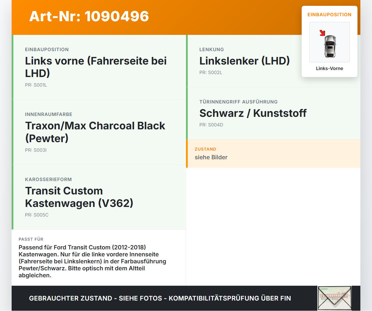 Ford Transit Custom 12-18 Kasten Türgriff Griff Griffmuschel Innen Links Vorne Ford Transit Custom 12-18 08.06.2015... Vorschau 3