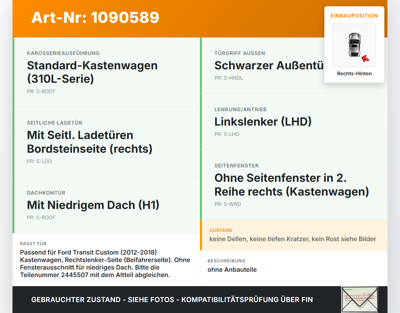 Ford Transit Custom 12-18 Kasten Tür Schiebetür Rechts Hinten AA Ford Transit Custom 12-18 08.06.2015... Vorschau 3