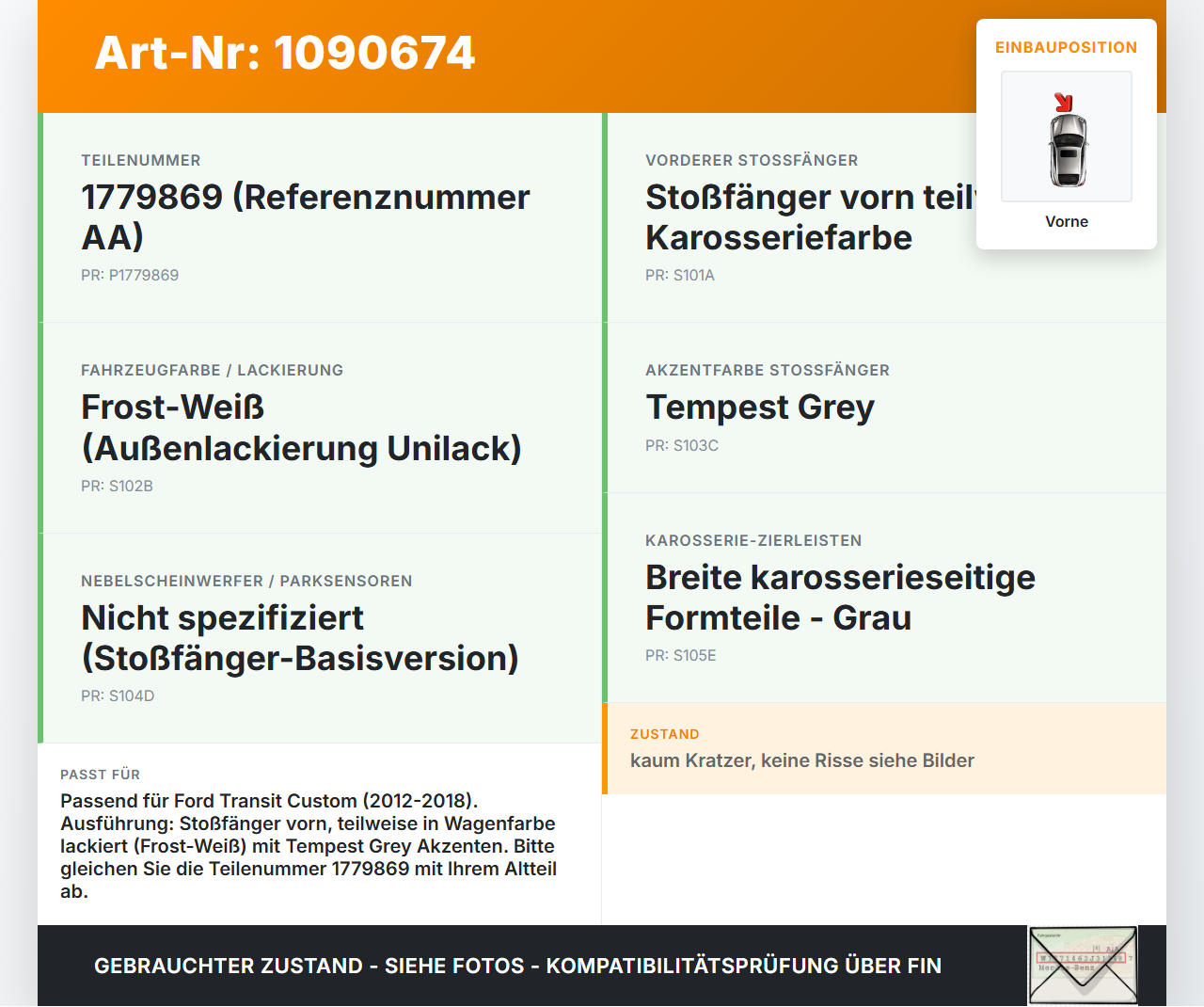 Ford Transit Custom 12-18 Stoßstange Stoßfänger Frontschürze Vorne AA Ford Transit Custom 12-18 08.06.2015... Vorschau 3