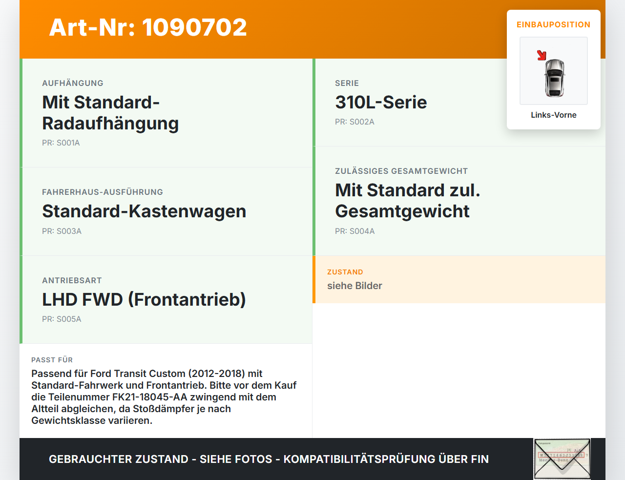 Ford Transit Custom 12-18 Kasten Federbein Stossdämpfer Vorne Links Ford Transit Custom 12-18 08.06.2015... Vorschau 3
