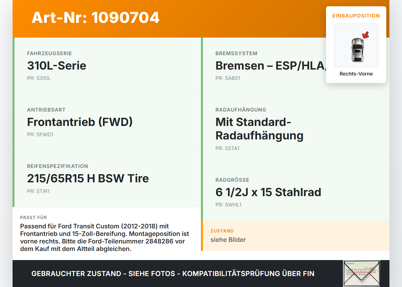 Ford Transit Custom 12-18 TDCi 2,2 74KW Achsschenkel Radnabe Rechts Vorne Ford Transit Custom 12-18 08.06.2015... Vorschau 3