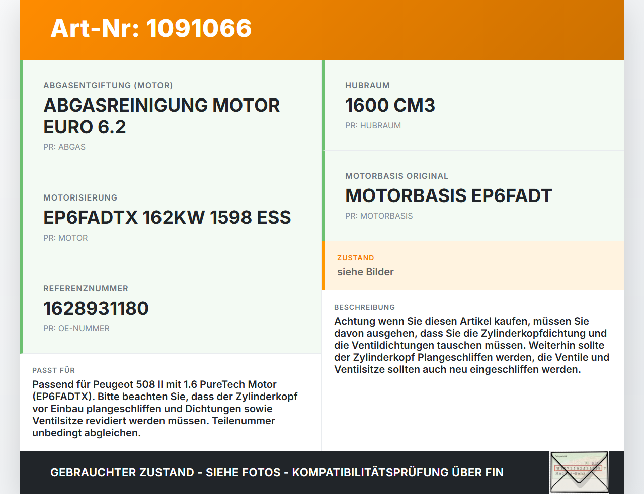 Peugeot 508 II 18-23 1,6 165KW EP6FADTX Zylinderkopf Peugeot 508 II 18-23 16.07.2019 1628931180 gebraucht Vorschau 3