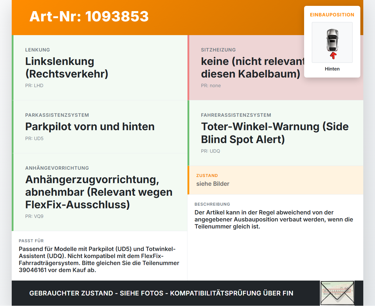 Opel Zafira C P12 16-19 PDC Kabelbaum Pos.1 Hinten Opel Zafira C P12 16-19 27.06.2018 39046161 gebraucht Vorschau 3