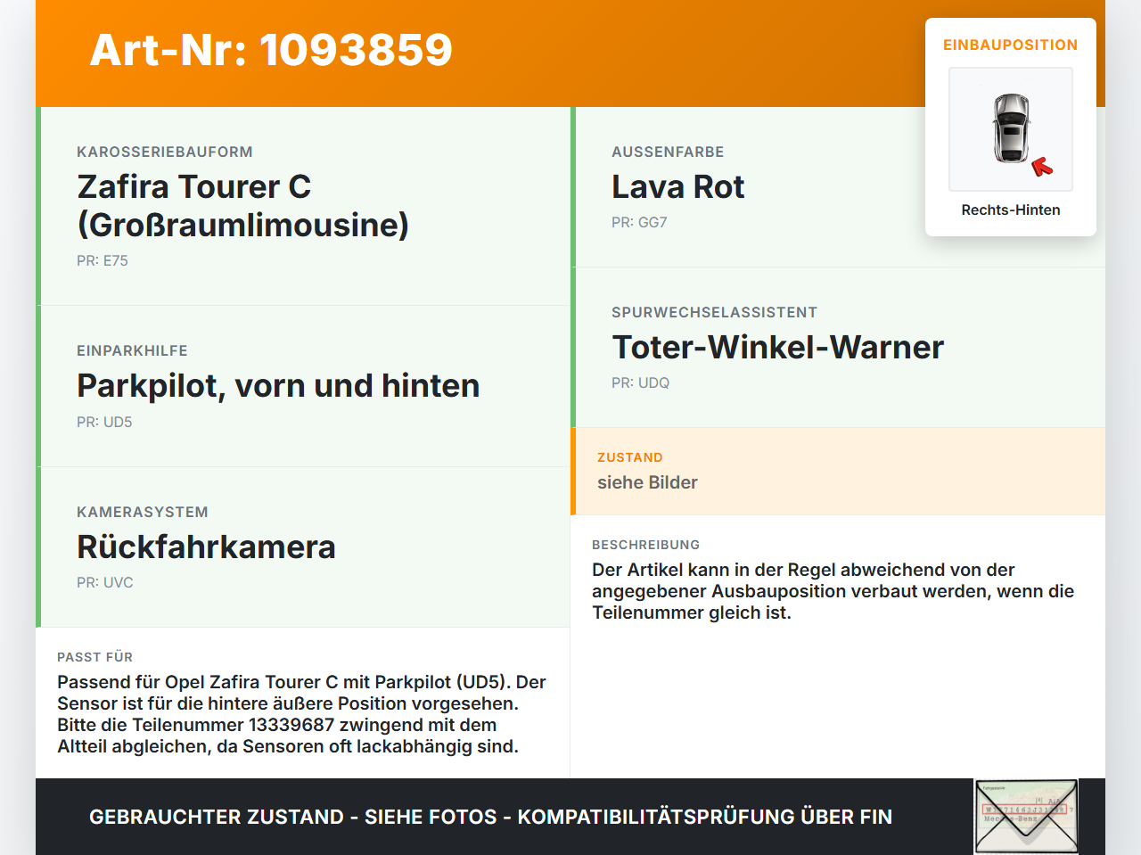 Opel Zafira Tourer C P12 16-19 Parksensor PDC  Sensor Einparkhilfe Hinten Rechts Aussen Opel Zafira Tourer C P12... Vorschau 3