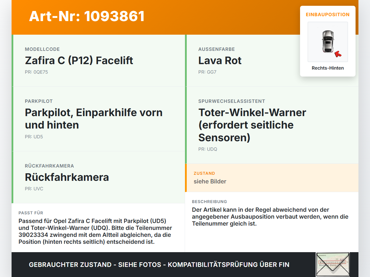 Opel Zafira Tourer C P12 16-19 Parksensor PDC  Sensor Einparkhilfe Hinten Rechts Seitlich Opel Zafira Tourer C P12... Vorschau 3
