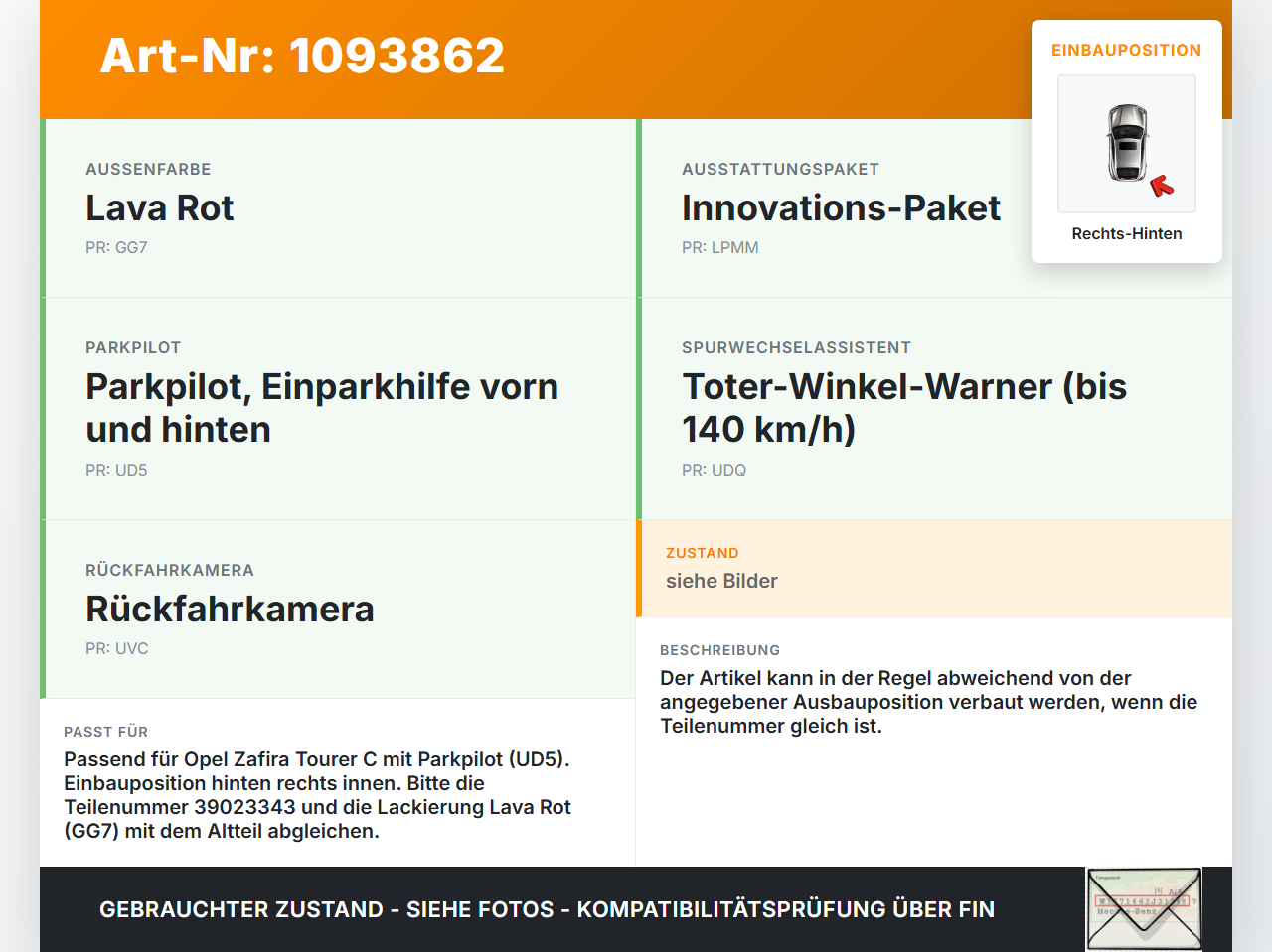 Opel Zafira C P12 16-19 Abstands Sensor Parksensor PDC Hinten Rechts Innen GG7 Opel Zafira C P12 16-19 27.06.2018... Vorschau 3