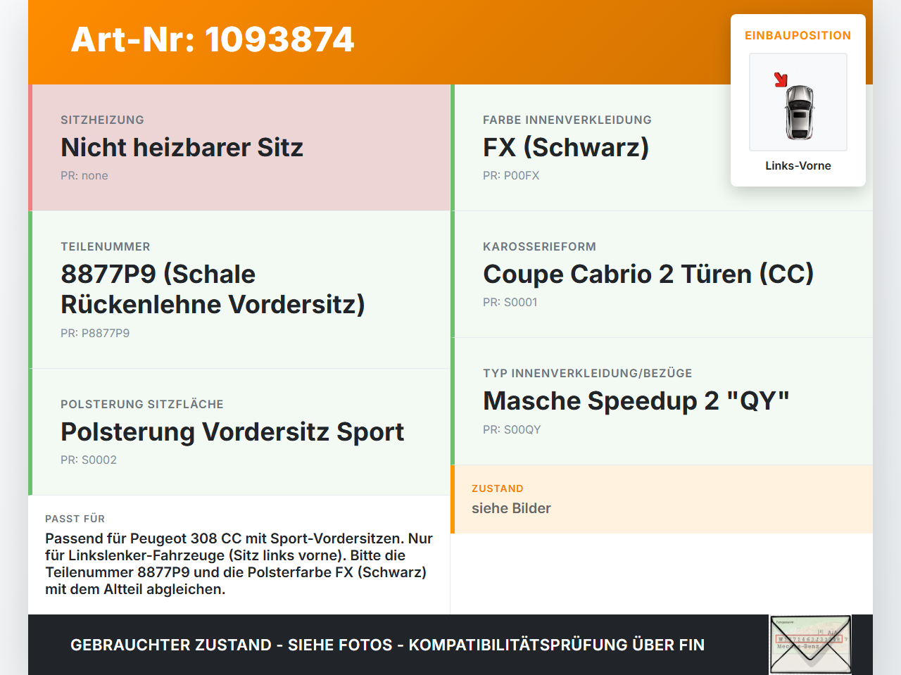 Peugeot 308 CC 07-11 Sitzverkleidung Sitzlehne Abdeckung mit Tasche Links Vorne Peugeot 308 CC 07-11 31.03.2011... Vorschau 3