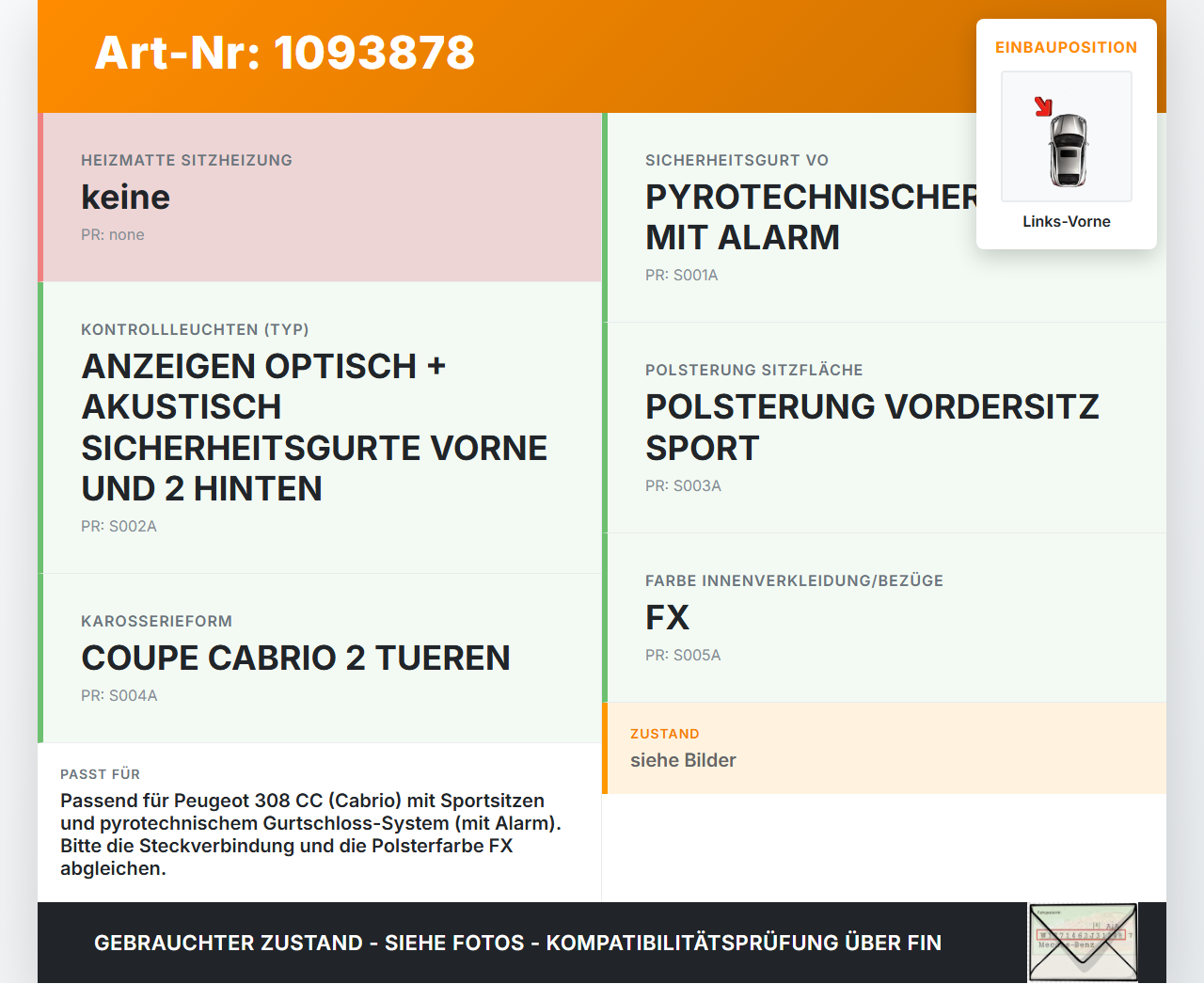 Peugeot 308 CC 07-11 Cabrio Gurtschloss Links Vorne Peugeot 308 CC 07-11 31.03.2011 8975FX gebraucht Vorschau 3