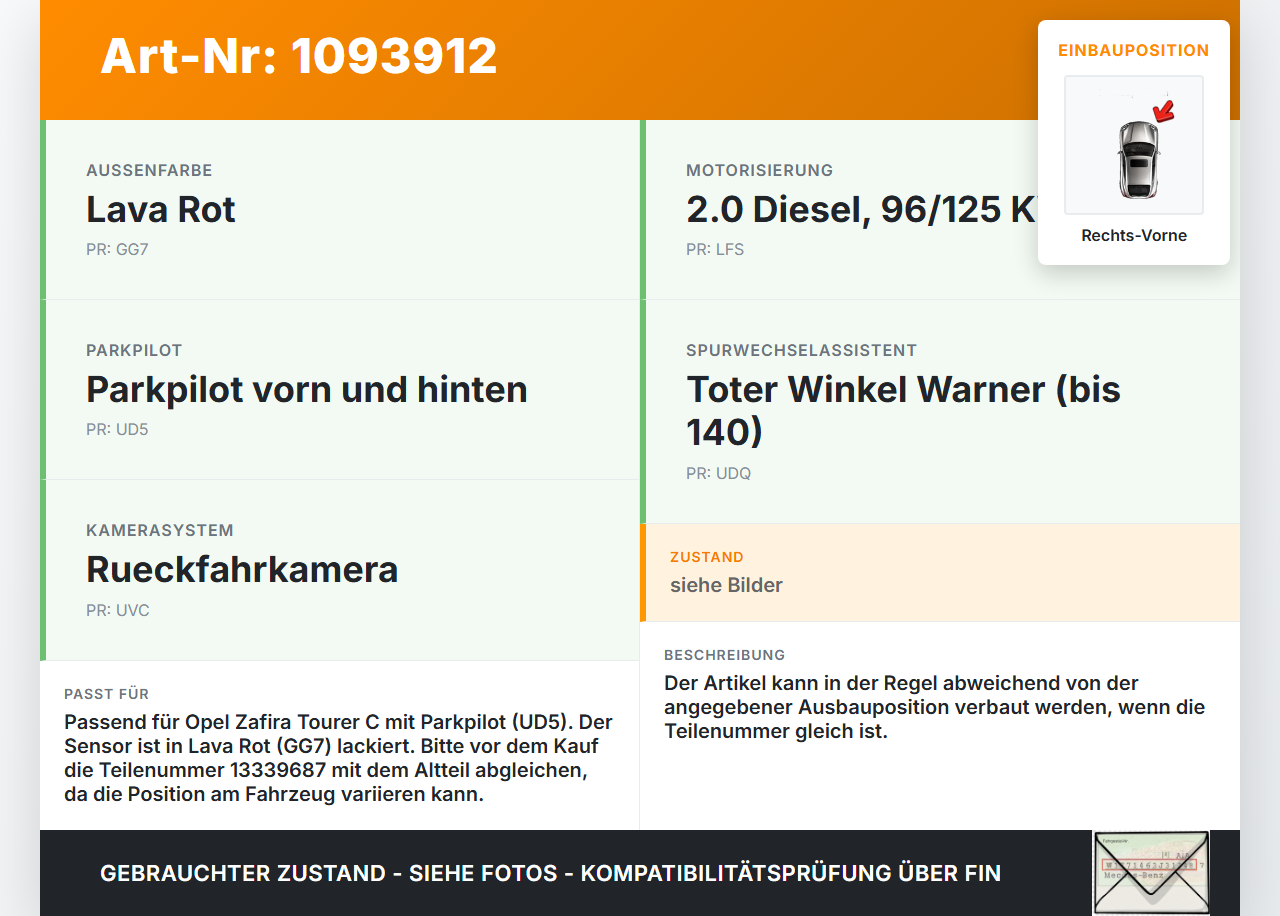 Opel Zafira C P12 16-19 Abstands Sensor Parksensor PDC Rechts Vorne Innen GG7 Opel Zafira C P12 16-19 27.06.2018... Vorschau 3