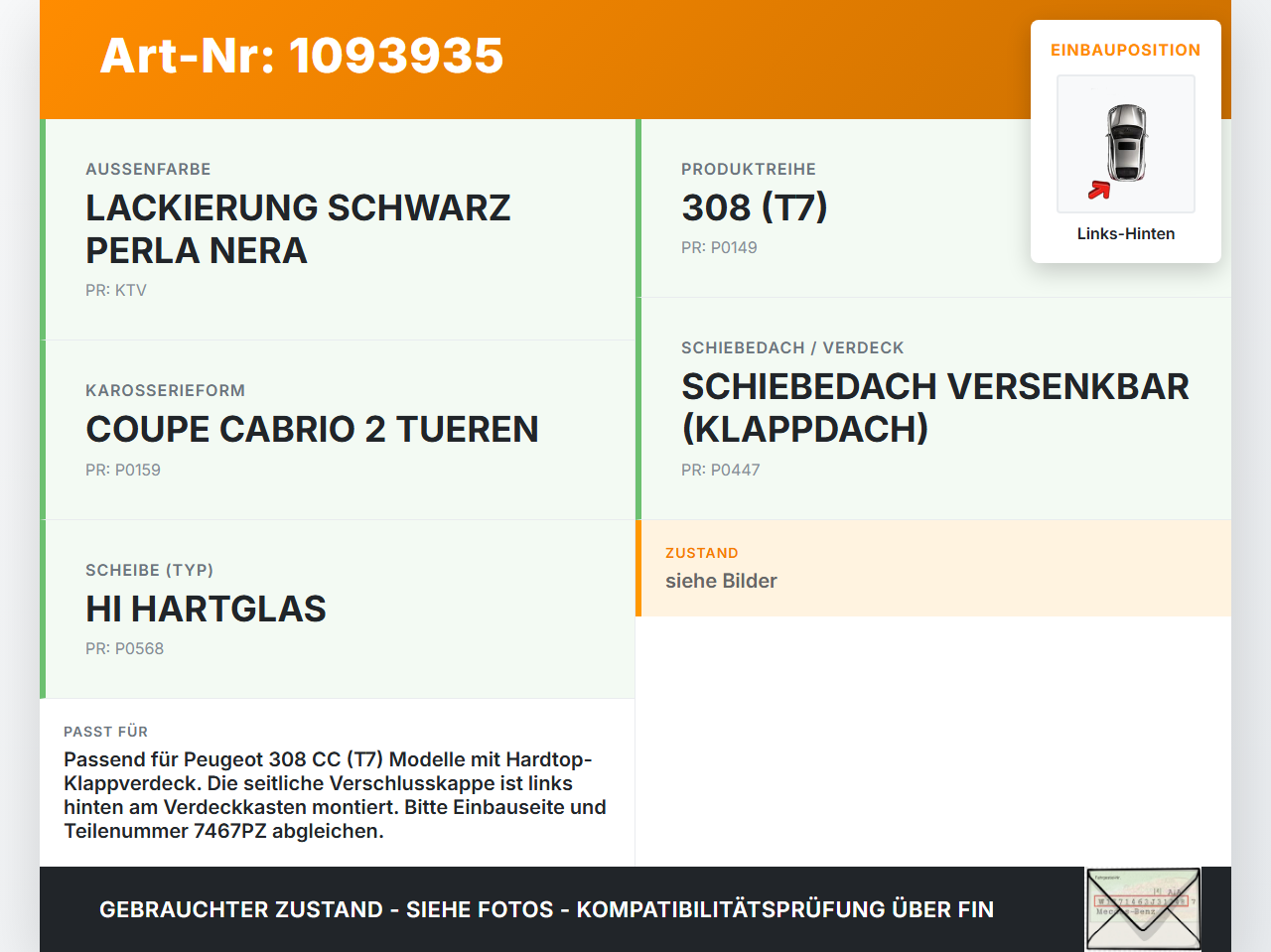 Peugeot 308 CC 07-11 THP 1,6 115KW Seiten- Kappe Abdeckung für Verdeckkasten Links Hinten Peugeot 308 CC 07-11... Vorschau 3