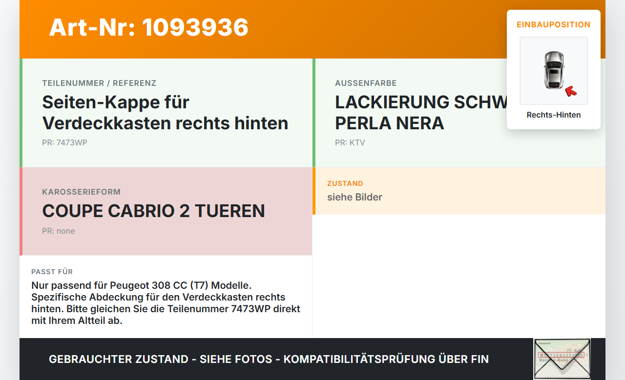 Peugeot 308 CC 07-11 THP 1,6 115KW Seiten- Kappe Abdeckung für Verdeckkasten Rechts Hinten Peugeot 308 CC 07-11... Vorschau 3