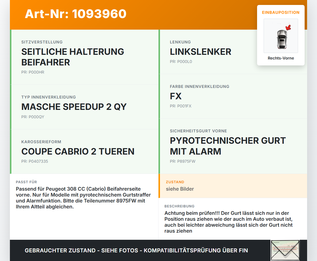 Peugeot 308 CC 07-11 Cabrio Gurt Sicherheitsgurt Gurtstraffer für Beifahrer Rechts Vorne Peugeot 308 CC 07-11... Vorschau 3