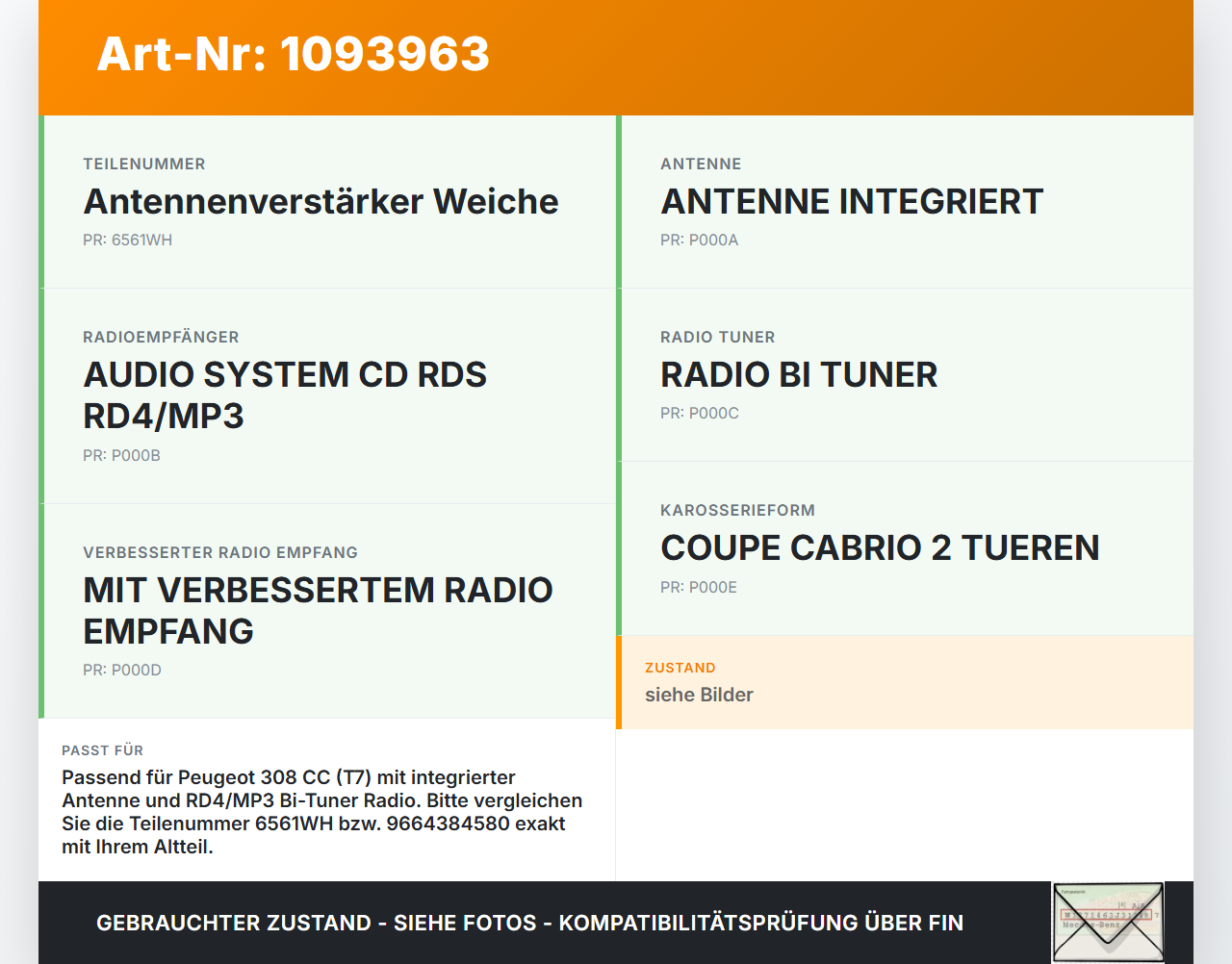 Peugeot 308 CC 07-11 Antennenverstärker Weiche Antenne Peugeot 308 CC 07-11 31.03.2011 6561WH 9664384580 gebraucht Vorschau 3