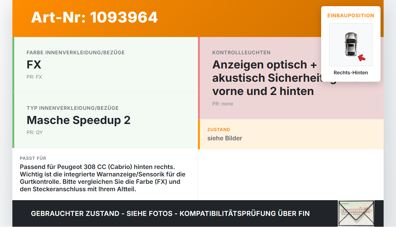 Peugeot 308 CC 07-11 Cabrio Gurtschloss Rechts Hinten Peugeot 308 CC 07-11 31.03.2011 8975GE 6101011 gebraucht Vorschau 3
