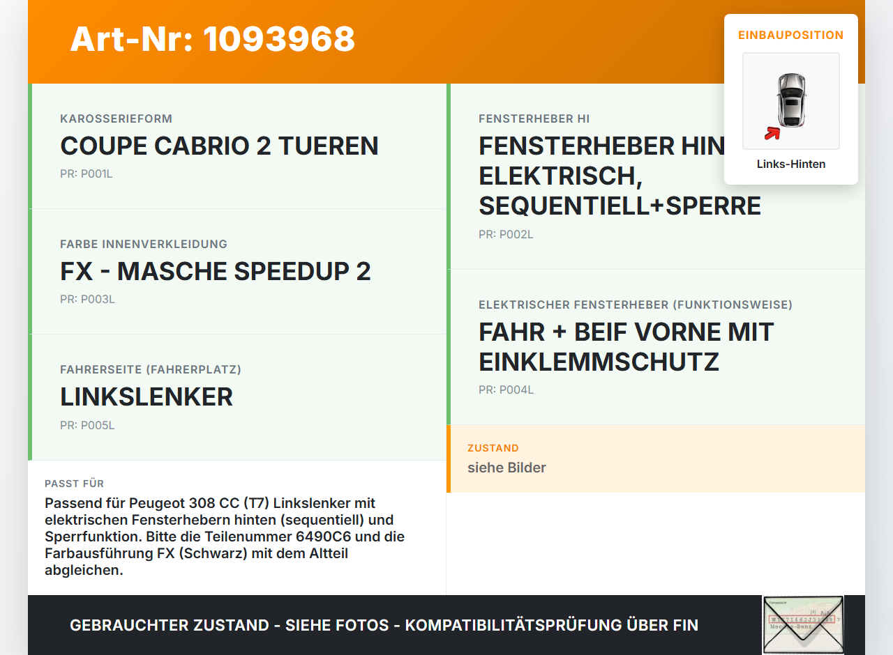 Peugeot 308 CC 07-11 Cabrio Fensterheberschalter Schalter Links Hinten Peugeot 308 CC 07-11 31.03.2011 6490C6... Vorschau 3