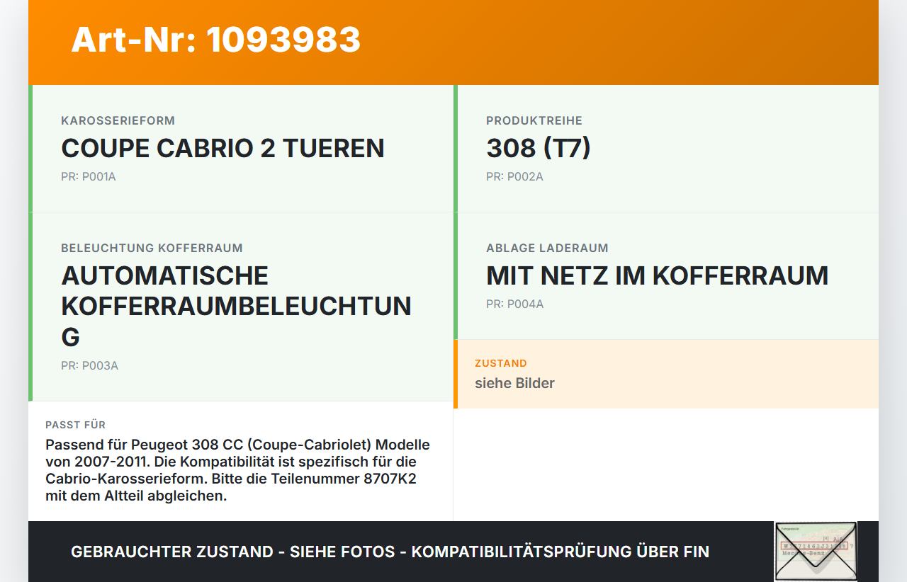 Peugeot 308 CC 07-11 Cabrio Dichtung Rahmen für Heckklappe Kofferraum Peugeot 308 CC 07-11 31.03.2011 8707K2... Vorschau 3