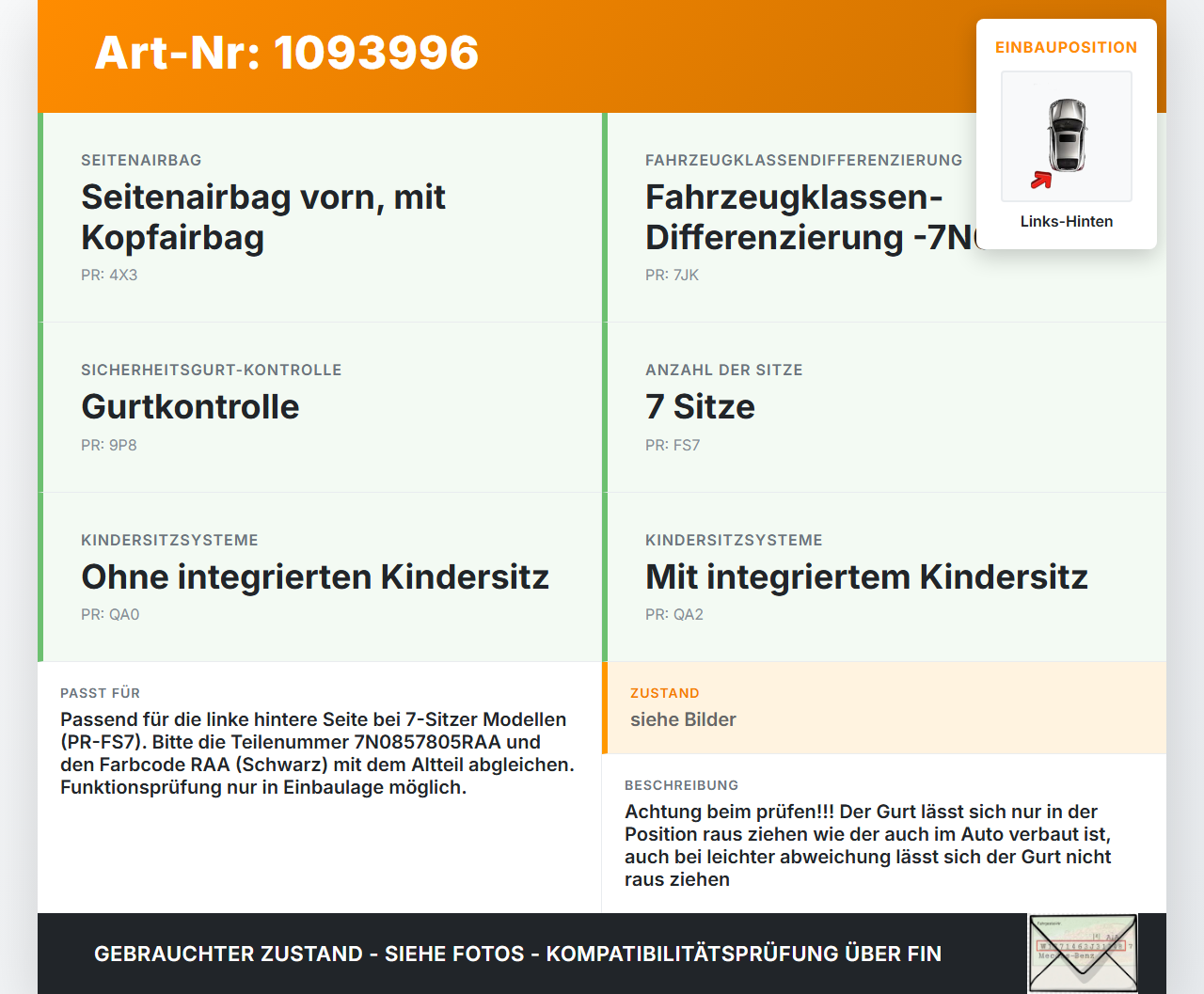 VW Sharan 7N II 10-15 Gurt Sicherheitsgurt Links Hinten VW Sharan 7N II 10-15 09.05.2012 7N0857805 7N0857805RAA... Vorschau 3