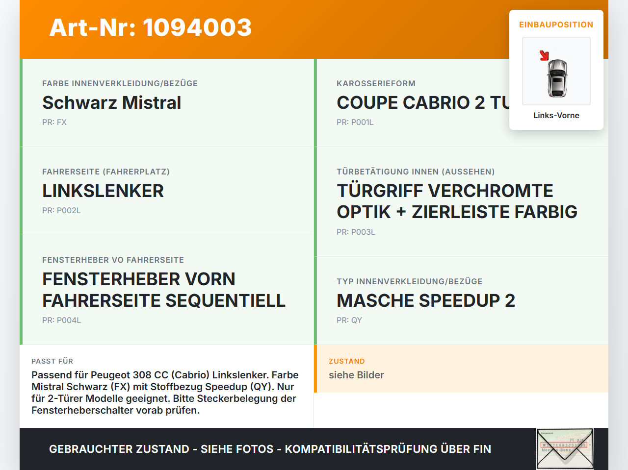 Peugeot 308 CC 07-11 Cabrio Türverkleidung Türpappe Links Vorne Schwarz Mistral Peugeot 308 CC 07-11 31.03.2011... Vorschau 3