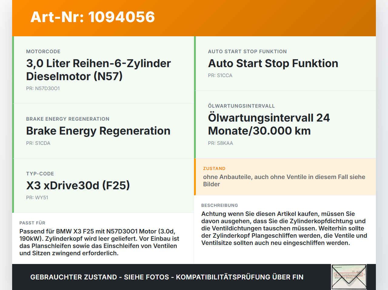 BMW X3 F25 10-14 3,0d 190KW N57D30O1 Zylinderkopf LEER! BMW X3 F25 10-14 22.06.2011 7812927 11127812927 gebraucht Vorschau 3