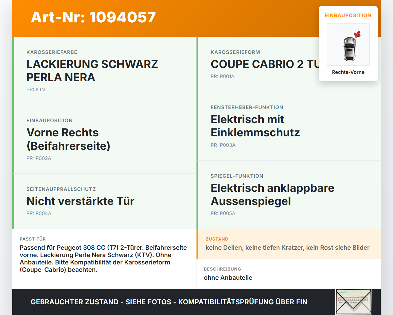 Peugeot 308 CC 07-11 Cabrio Tür tür Rohbautür Blechtür Rechts Vorne KTV Peugeot 308 CC 07-11 31.03.2011 9004AP gebraucht Vorschau 3
