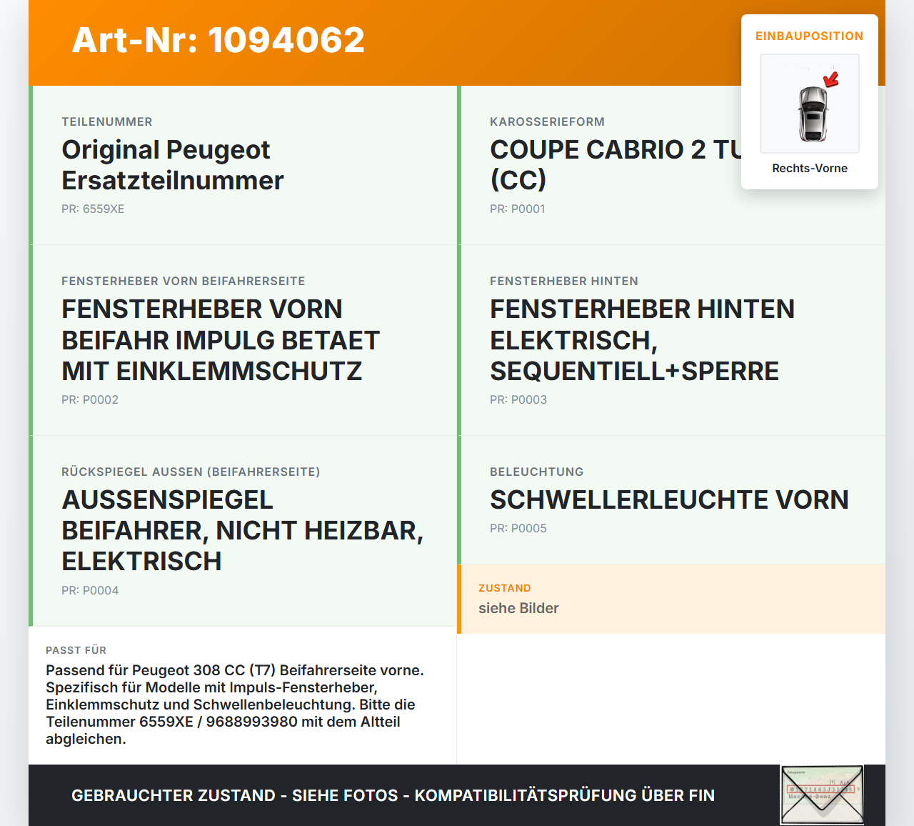 Peugeot 308 CC 07-11 Cabrio Kabelbaum für Tür und Fensterheber Rechts Vorne Peugeot 308 CC 07-11 31.03.2011 6559XE... Vorschau 3