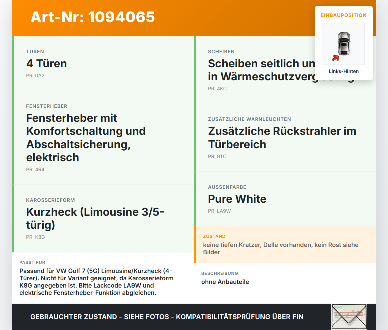 VW Golf VII 7 5G 12-17 5T Tür Links Hinten LA9W VW Golf VII 7 5G 12-17 01.12.2016 5G4833055AC gebraucht Vorschau 3